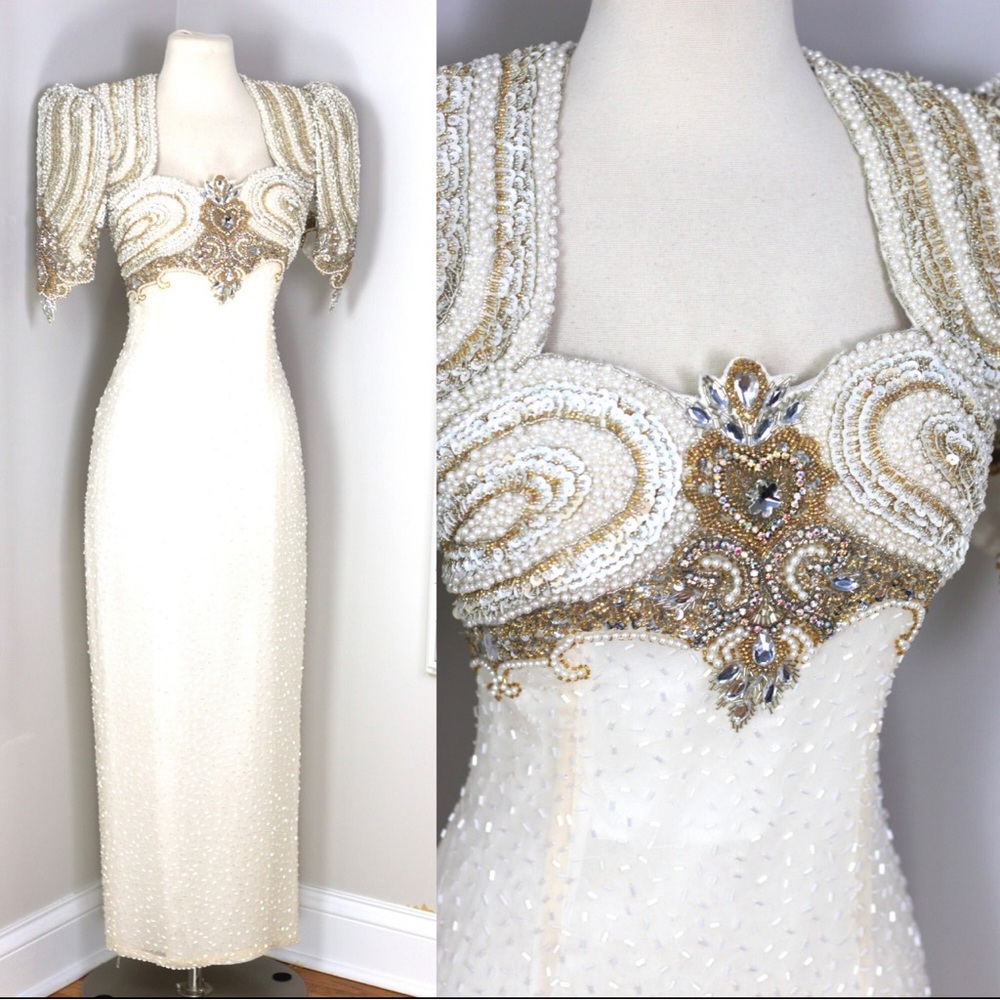 White beaded Pearl embellished long dress